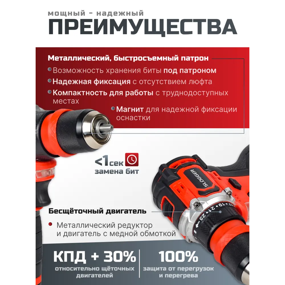 Фото 2 Дрель-шуруповерт аккумуляторная бесщеточная Slogger CD1824, 18 В Li-Ion 2x2.4 Ач Фото 2 Дрель-шуруповерт аккумуляторная бесщеточная Slogger CD1824, 18 В Li-Ion 2x2.4 Ач