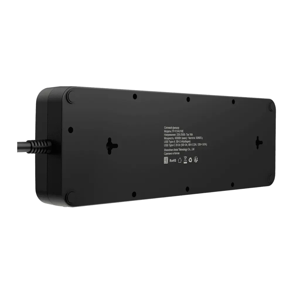 Фото 3 Сетевой фильтр плоский Agni 2 выключателя 10 розеток 5 м 3 USB/Type-C 20 Вт чёрный TP-FO4U10E-C