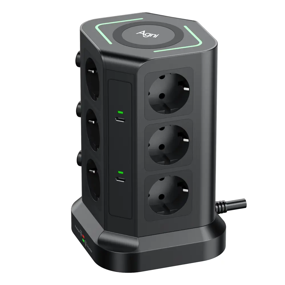 Фото 3 Сетевой фильтр башня Agni 12 розеток 2 м 3 USB/2 Type-C 65 Вт беспроводная зарядка чёрный Фото 3 Сетевой фильтр башня Agni 12 розеток 2 м 3 USB/2 Type-C 65 Вт беспроводная зарядка чёрный