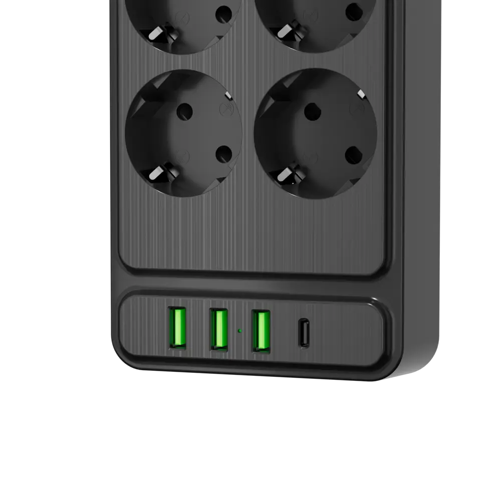 Фото 4 Сетевой фильтр с защитой Agni TP-FS4U8E-PD-5m-black 3x1.5 5 м 8 розеток с заземлением 4000 Вт цвет черный