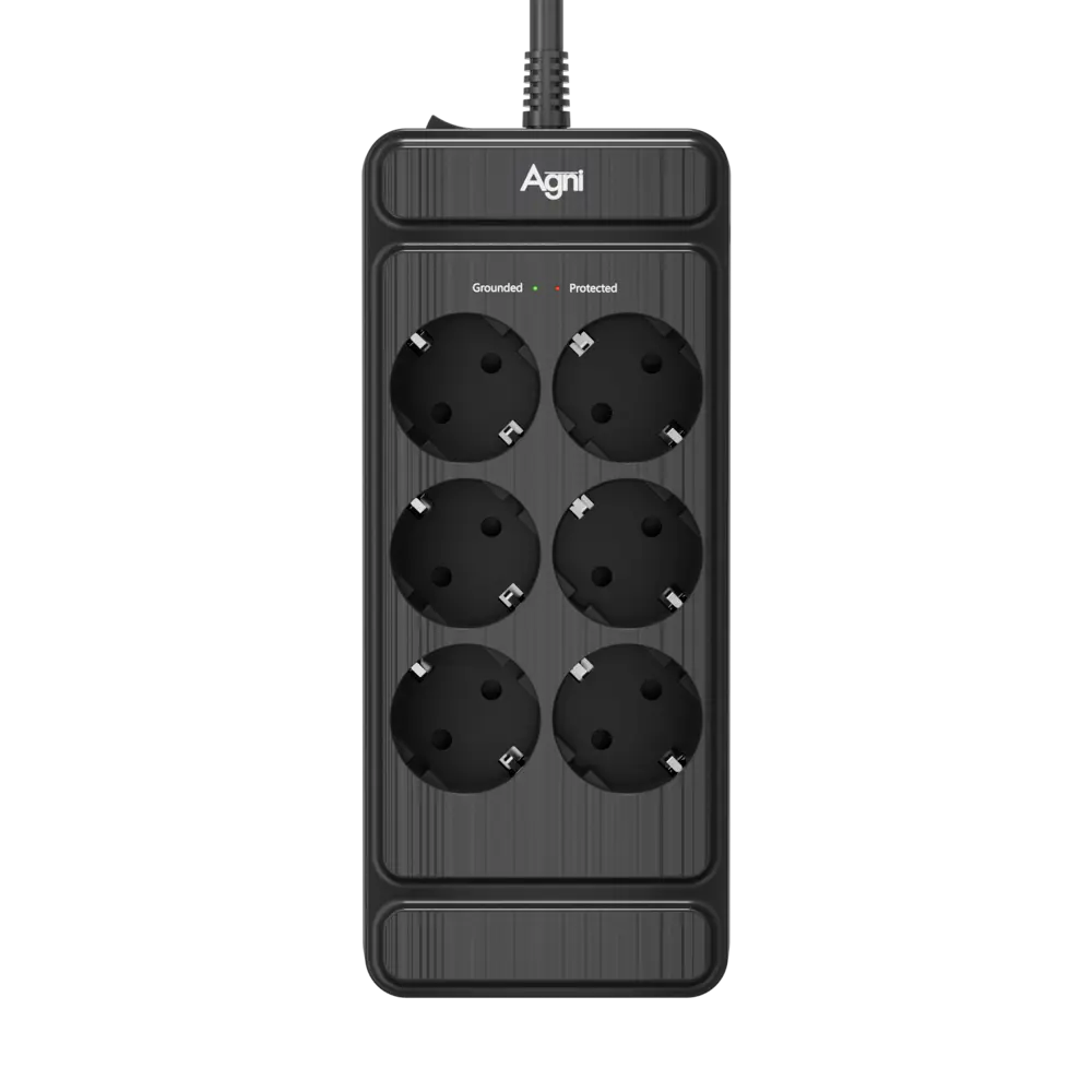 Фото Сетевой фильтр с защитой Agni TP-FS6E-5m-black 3x1.5 5 м 6 розеток с заземлением 4000 Вт цвет черный