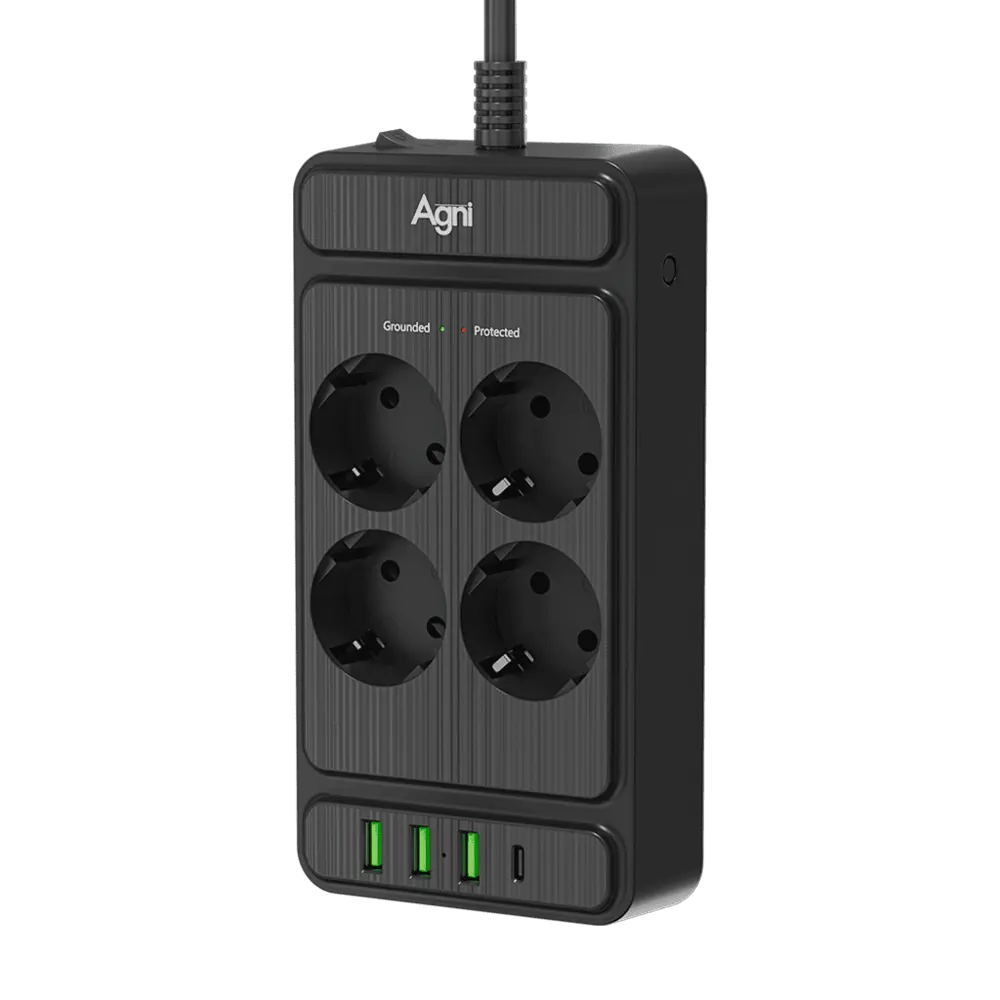 Фото 2 Сетевой фильтр с защитой Agni TP-FS4U4E-PD-5m-black 3x1.5 5 м 4 розетки с заземлением 4000 Вт цвет черный