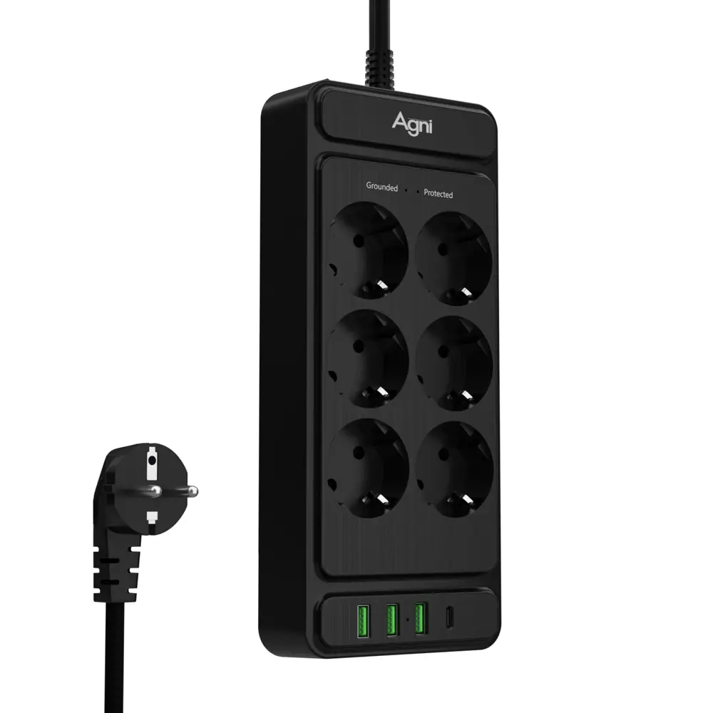 Фото 5 Сетевой фильтр с защитой Agni TP-FS4U6E-C-5m-black 3x1.5 5 м 6 розеток с заземлением 4000 Вт цвет черный