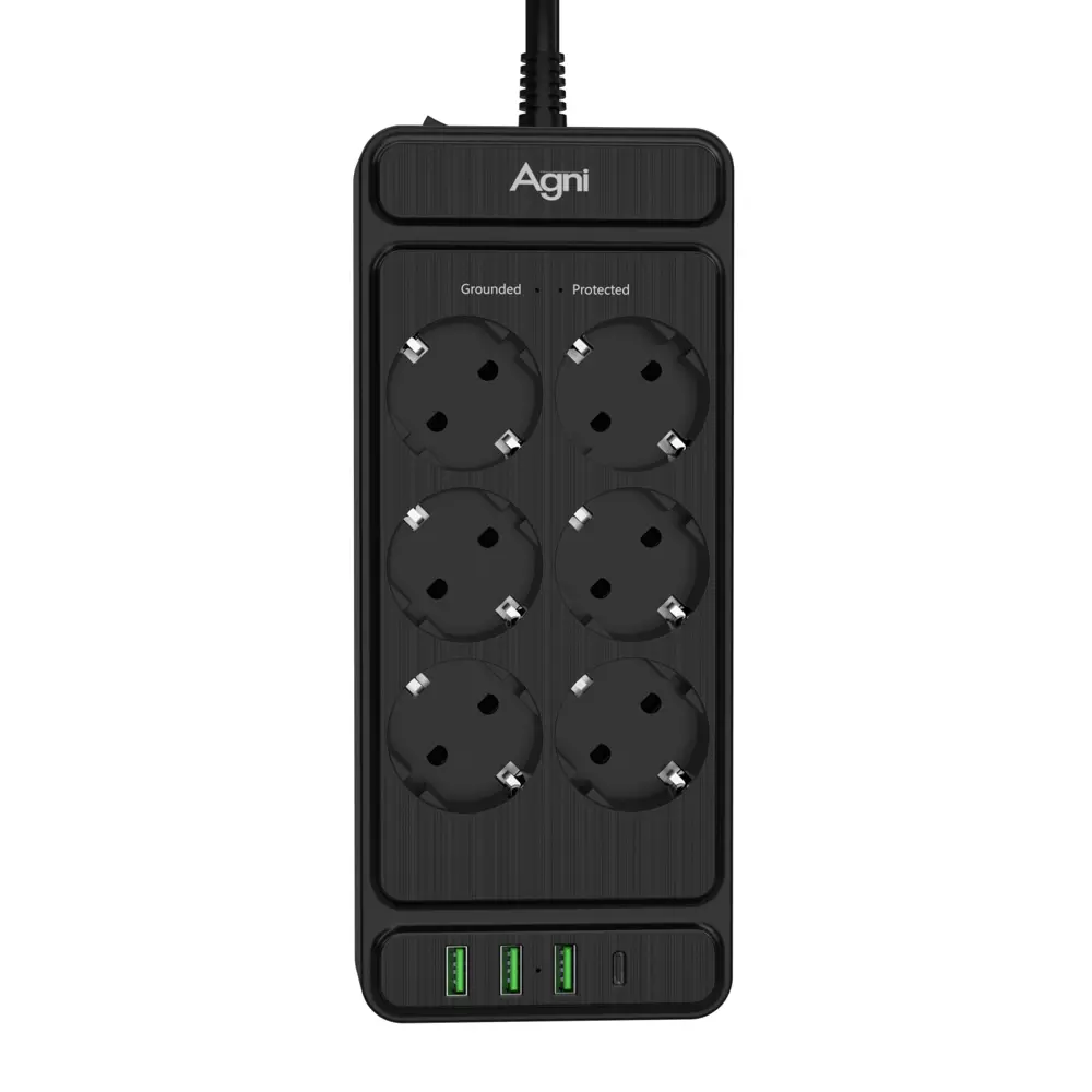 Фото Сетевой фильтр с защитой Agni TP-FS4U6E-C-5m-black 3x1.5 5 м 6 розеток с заземлением 4000 Вт цвет черный