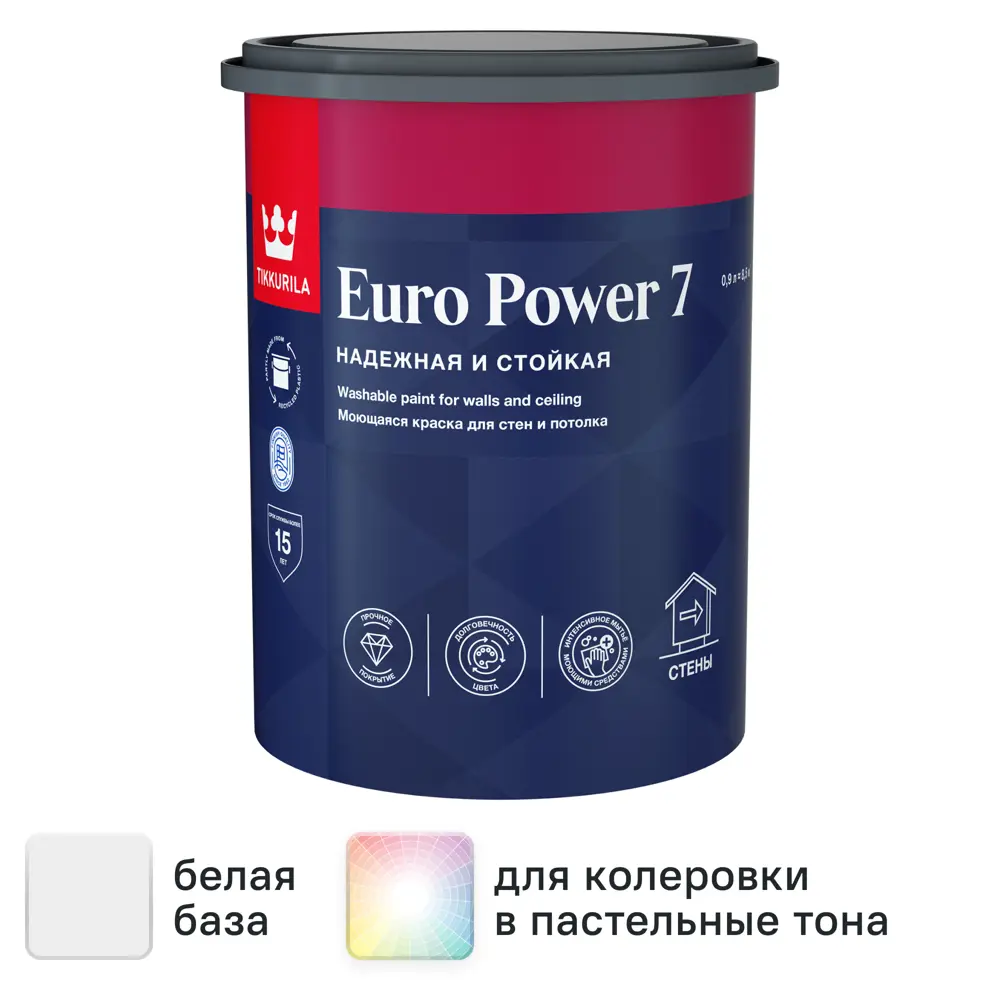 Фото 2 Краска для стен и потолков Tikkivala Euro Power 7 моющаяся матовая цвет белый база А 0.9 л Фото 2 Краска для стен и потолков Tikkivala Euro Power 7 моющаяся матовая цвет белый база А 0.9 л