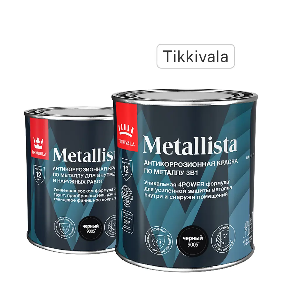 Фото Грунт-эмаль по ржавчине 3 в 1 Tikkivala Metallista гладкая цвет черный 0.8 л