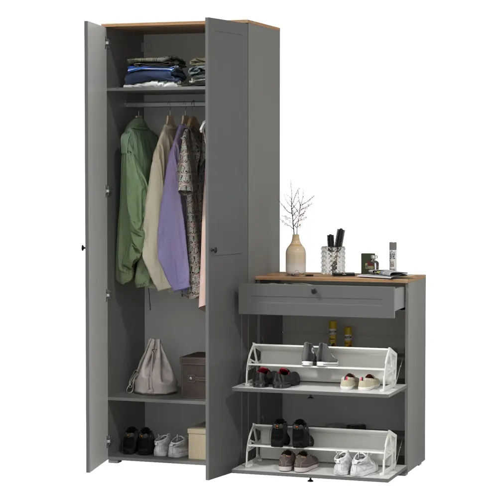 Фото 2 Комплект мебели для прихожей Mobi Остин пр-05-гз 160x230x54 см ЛДСП цвет серый графит/дуб крафт золотой