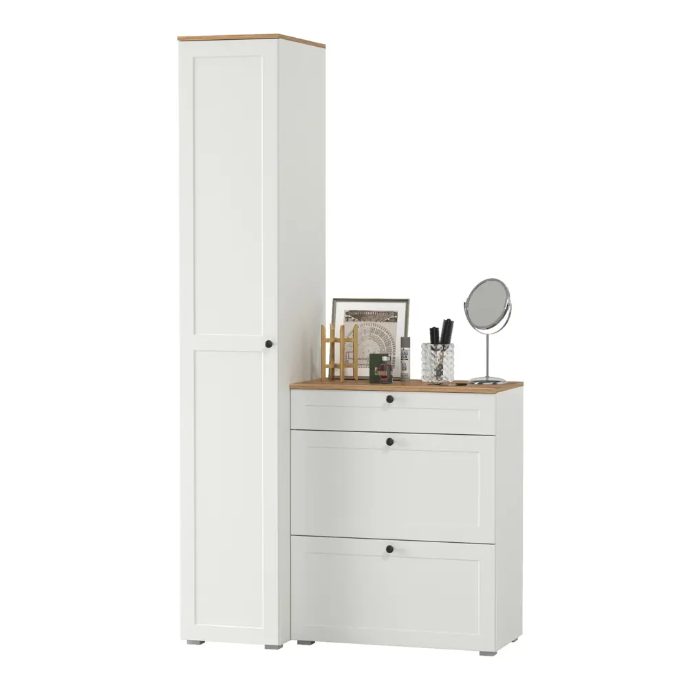 Фото Комплект мебели для прихожей Mobi Остин пр-10-бз 120x230x55 см ЛДСП цвет белый шагрень/дуб крафт золотой Фото Комплект мебели для прихожей Mobi Остин пр-10-бз 120x230x55 см ЛДСП цвет белый шагрень/дуб крафт золотой