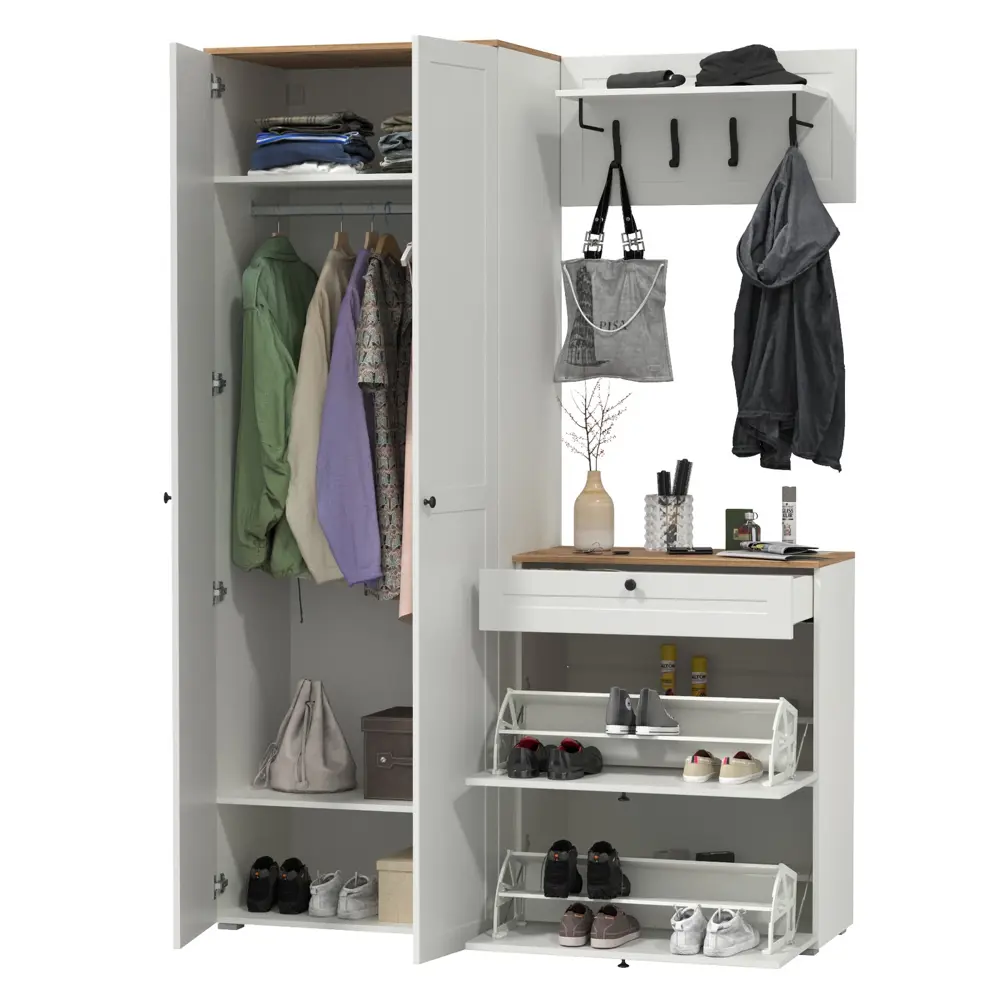 Фото 2 Комплект мебели для прихожей Mobi Остин пр-17-бз 140x230x54 см ЛДСП цвет белый шагрень/дуб крафт золотой