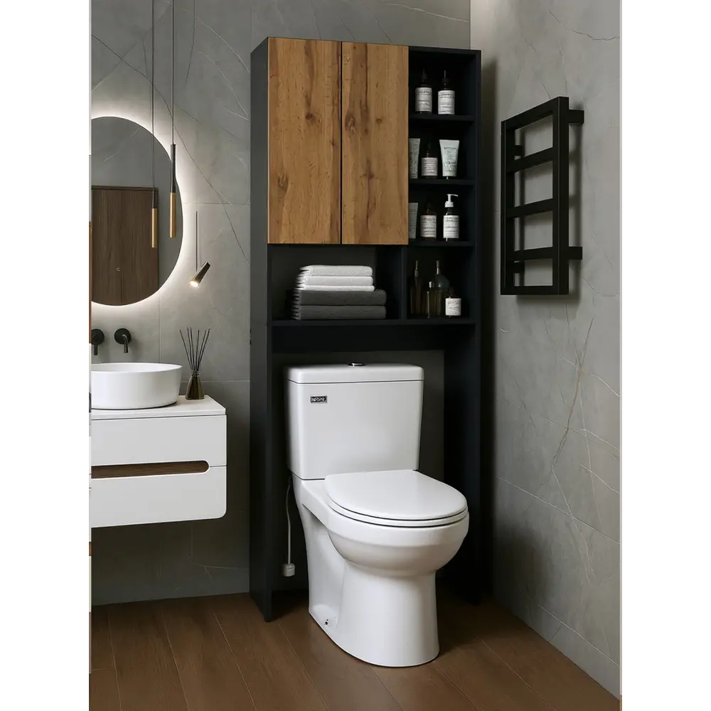 Фото 2 Стеллаж напольный над стиральной машиной Сима-Ленд Комфорт№2 64x25x170 графит/Дуб золотой