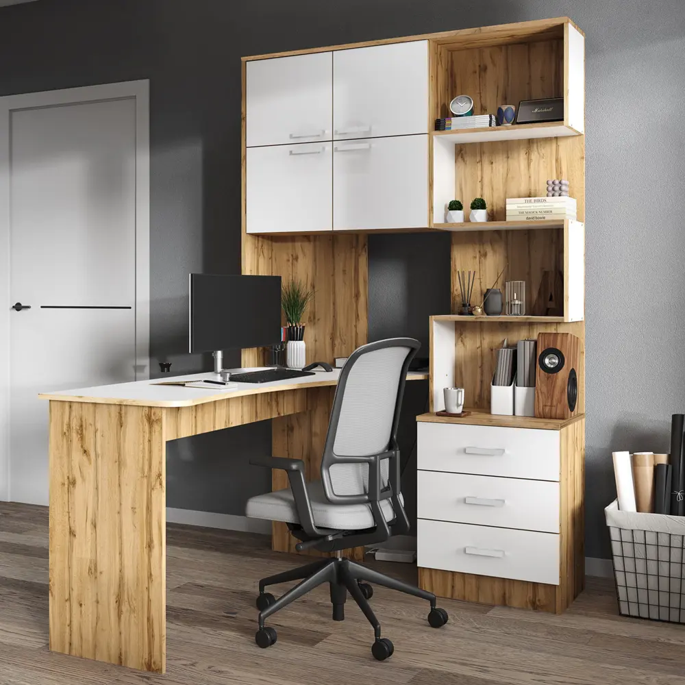 Фото Стол компьютерный Сима-ленд №1 левый 128x200x145 см ЛДСП цвет дуб вотан/белый Фото Стол компьютерный Сима-ленд №1 левый 128x200x145 см ЛДСП цвет дуб вотан/белый