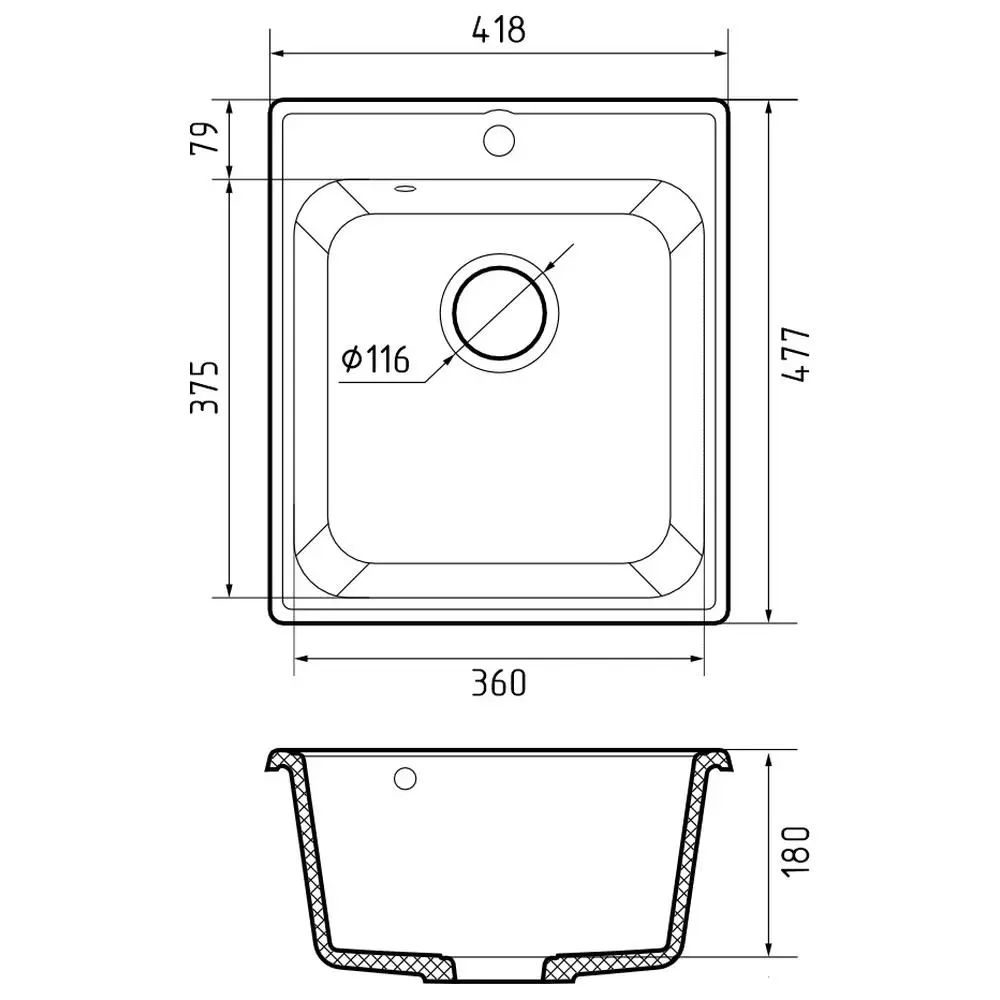Фото 3 Мойка для кухни Granfest 47.7x41.8 см глубина чаши 18 см искусственный камень цвет темно-серый