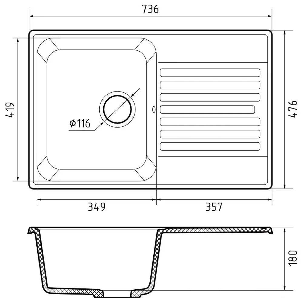 Фото 3 Мойка для кухни Granfest 47.6x73.6 см глубина чаши 18 см искусственный камень цвет темно-серый
