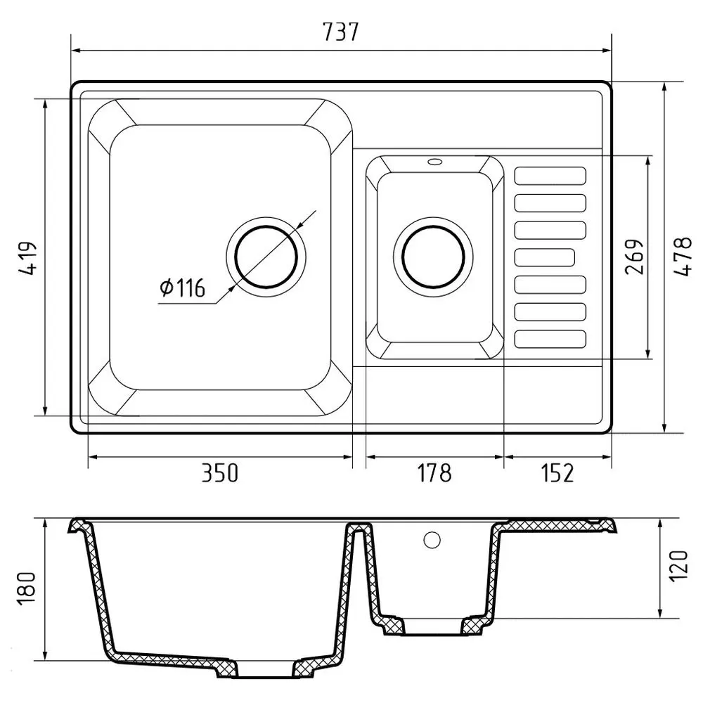 Фото 3 Мойка для кухни Granfest 21К темно-серый 47.8x73.7 см глубина чаши 18 см искусственный камень цвет темно-серый Фото 3 Мойка для кухни Granfest 21К темно-серый 47.8x73.7 см глубина чаши 18 см искусственный камень цвет темно-серый