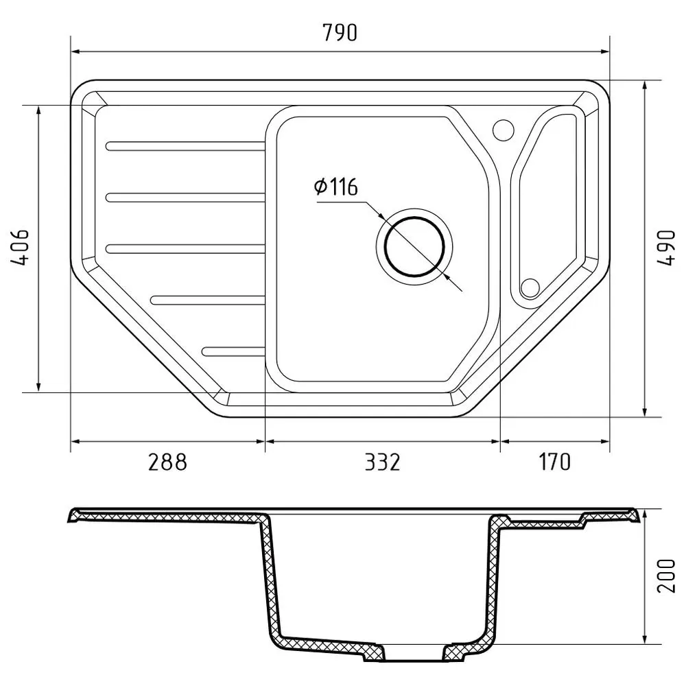 Фото 3 Мойка для кухни Granfest 49x79 см глубина чаши 20 см искусственный камень цвет серый