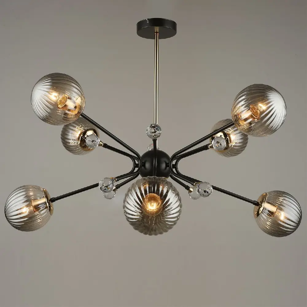 Фото 2 Люстра на штанге Reluce 04901-0.3-08 coffee+fgd 8 ламп 24 м² цвет черный Фото 2 Люстра на штанге Reluce 04901-0.3-08 coffee+fgd 8 ламп 24 м² цвет черный