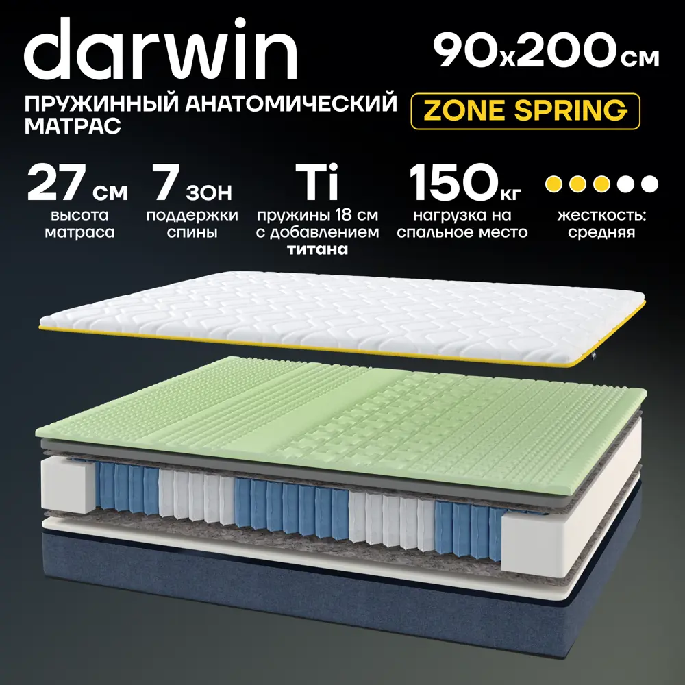 Фото Матрас Darwin Zone spring 90x200x27 см независимый пружинный блок 1-спальный Фото Матрас Darwin Zone spring 90x200x27 см независимый пружинный блок 1-спальный