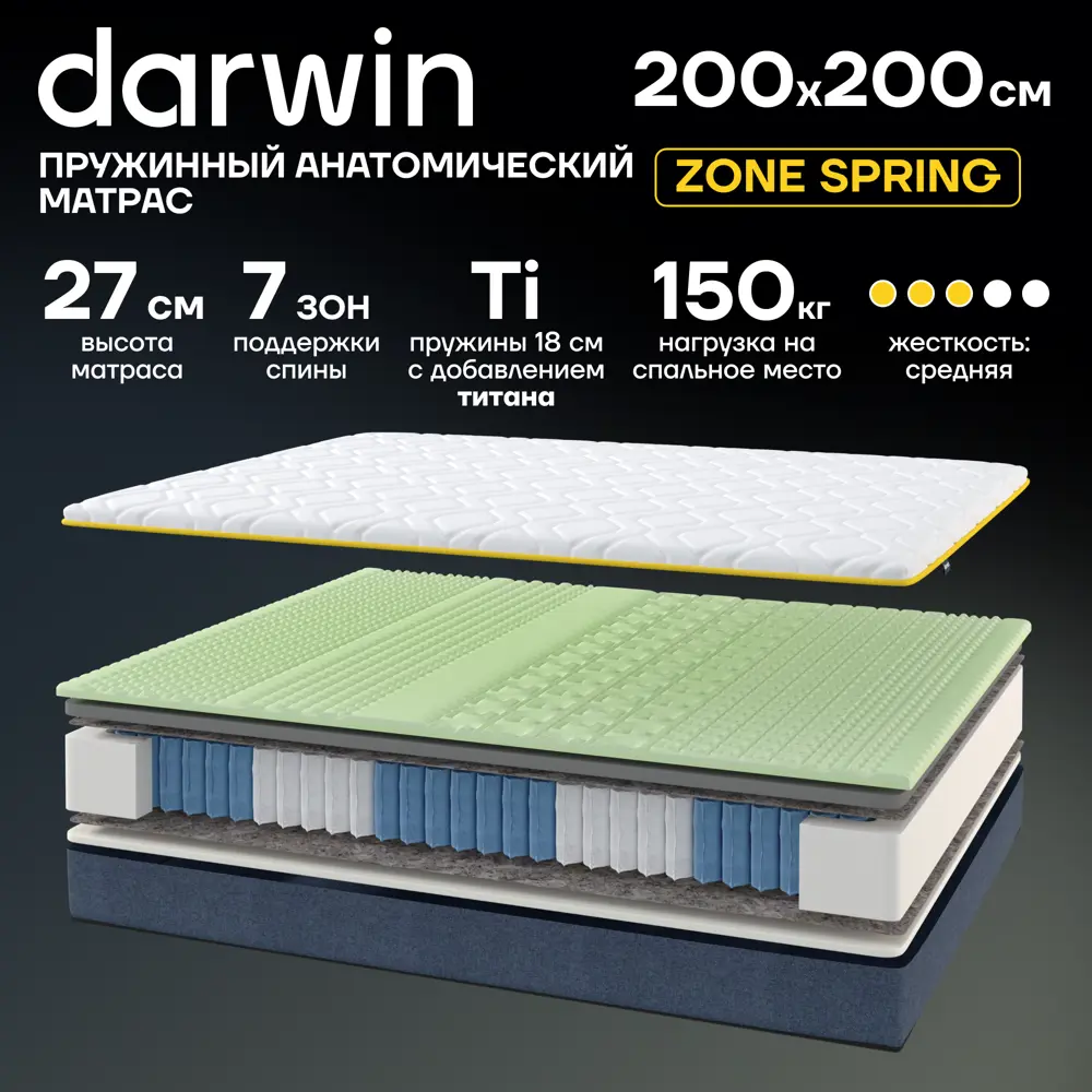 Фото Матрас Darwin Zone spring 200x200x27 см независимый пружинный блок 2-спальный Фото Матрас Darwin Zone spring 200x200x27 см независимый пружинный блок 2-спальный
