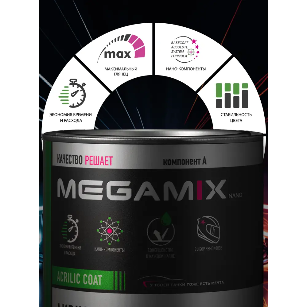 Фото 3 Эмаль автомобильная двухкомпонентная Megamix 4:1 цвет мальва 719 840 мл и отвердитель 210 мл Фото 3 Эмаль автомобильная двухкомпонентная Megamix 4:1 цвет мальва 719 840 мл и отвердитель 210 мл