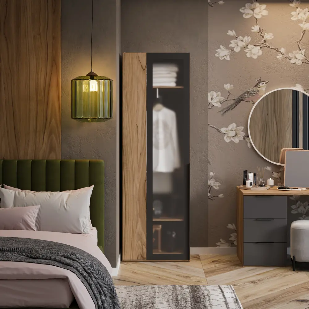 Фото 2 Шкаф распашной Трия Порто с 1 дверью 70x217x37 см ЛДСП цвет яблоня беллуно/графит/стекло сатин черное