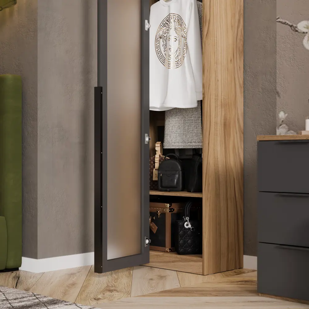 Фото 7 Шкаф распашной Трия Порто с 1 дверью 70x217x37 см ЛДСП цвет яблоня беллуно/графит/стекло сатин черное