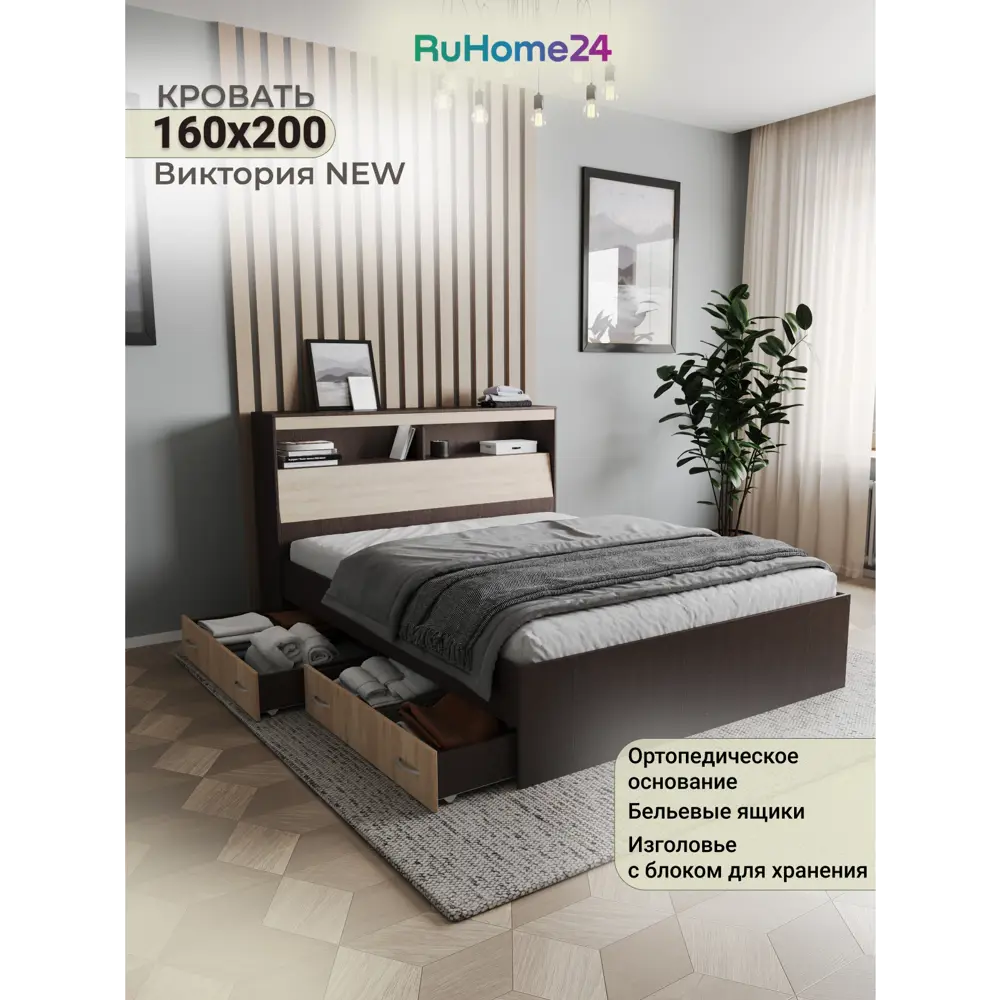 Фото Кровать Ruhome24 Виктория 160x200 см с ортопедическим основанием цвет венге-дуб Фото Кровать Ruhome24 Виктория 160x200 см с ортопедическим основанием цвет венге-дуб