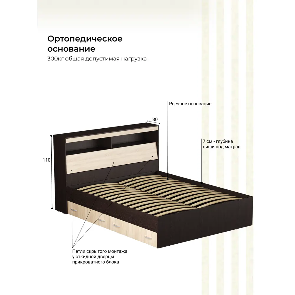 Фото 4 Кровать Ruhome24 Виктория 160x200 см с ортопедическим основанием цвет венге-дуб Фото 4 Кровать Ruhome24 Виктория 160x200 см с ортопедическим основанием цвет венге-дуб