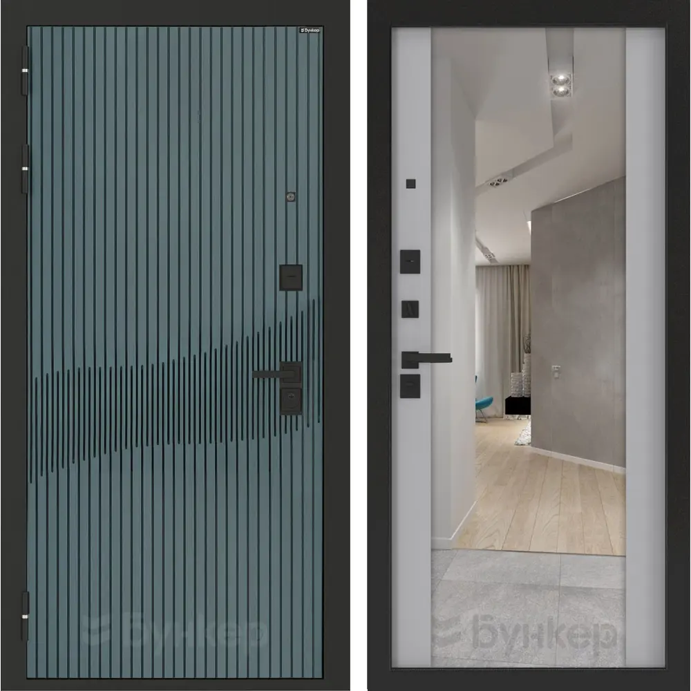 Фото Входная дверь Bunker Бункер BN-13 левый 205x96см цвет веллюто верде/лайт грей софт с зеркалом ФЛЗ-1 Фото Входная дверь Bunker Бункер BN-13 левый 205x96см цвет веллюто верде/лайт грей софт с зеркалом ФЛЗ-1