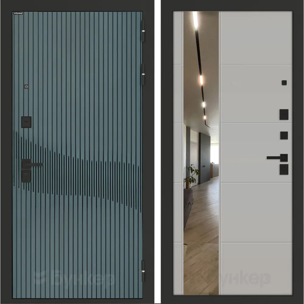 Фото Входная дверь Bunker Бункер BN-13 правый 205x88см цвет веллюто верде/грей софт с зеркалом ФЛЗ-649