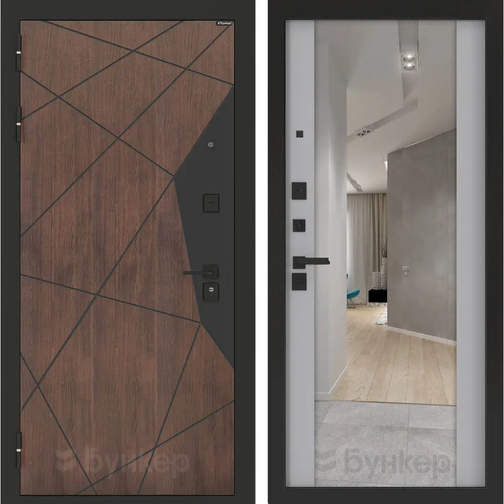 Фото Входная дверь Bunker Бункер BN-14 левый 205x88см цвет орех американский/лайт грей софт с зеркалом ФЛЗ-1 Фото Входная дверь Bunker Бункер BN-14 левый 205x88см цвет орех американский/лайт грей софт с зеркалом ФЛЗ-1