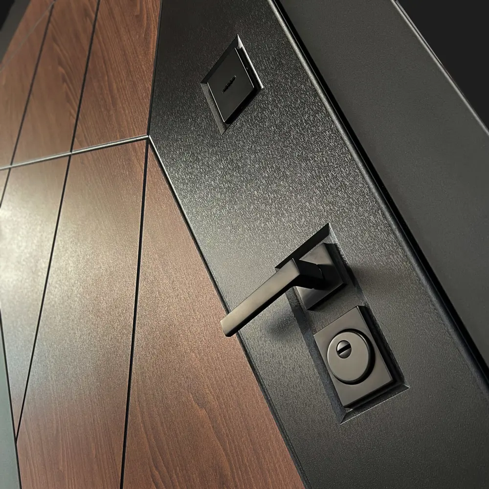 Фото 4 Входная дверь Bunker Бункер BN-14 левый 205x96см цвет орех американский/серый софт рельеф с панелью Амстрод