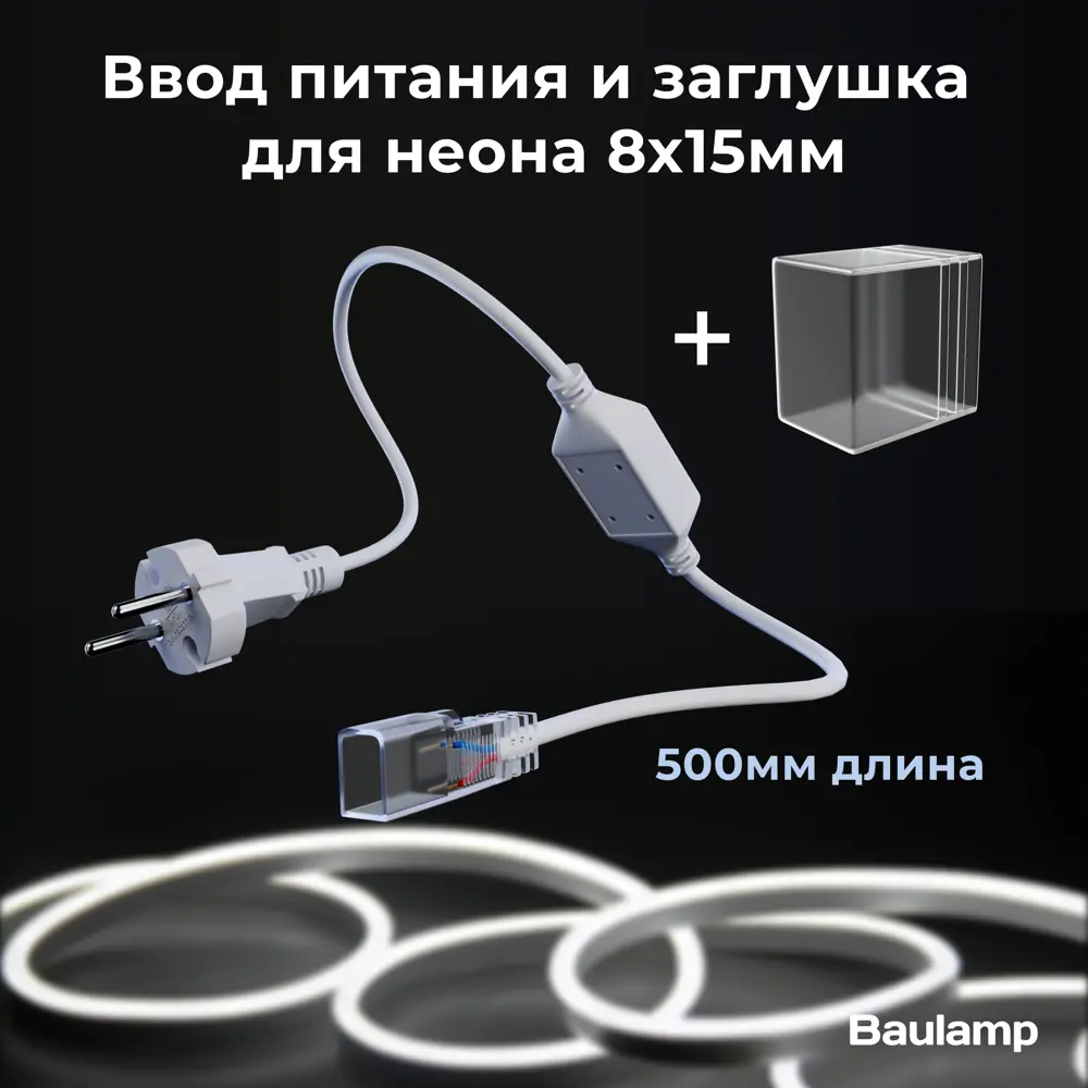 Фото Ввод питания с вилкой для светодиодного гибкого неона длина 500 мм белый с заглушкой Фото Ввод питания с вилкой для светодиодного гибкого неона длина 500 мм белый с заглушкой