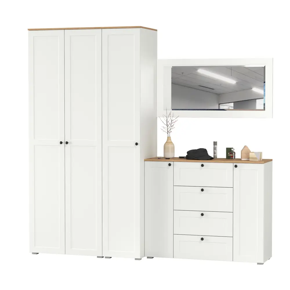 Фото 3 Комплект мебели для прихожей Mobi Остин пр-38-бз 240x230x54 см ЛДСП цвет белый шагрень/дуб крафт золотой