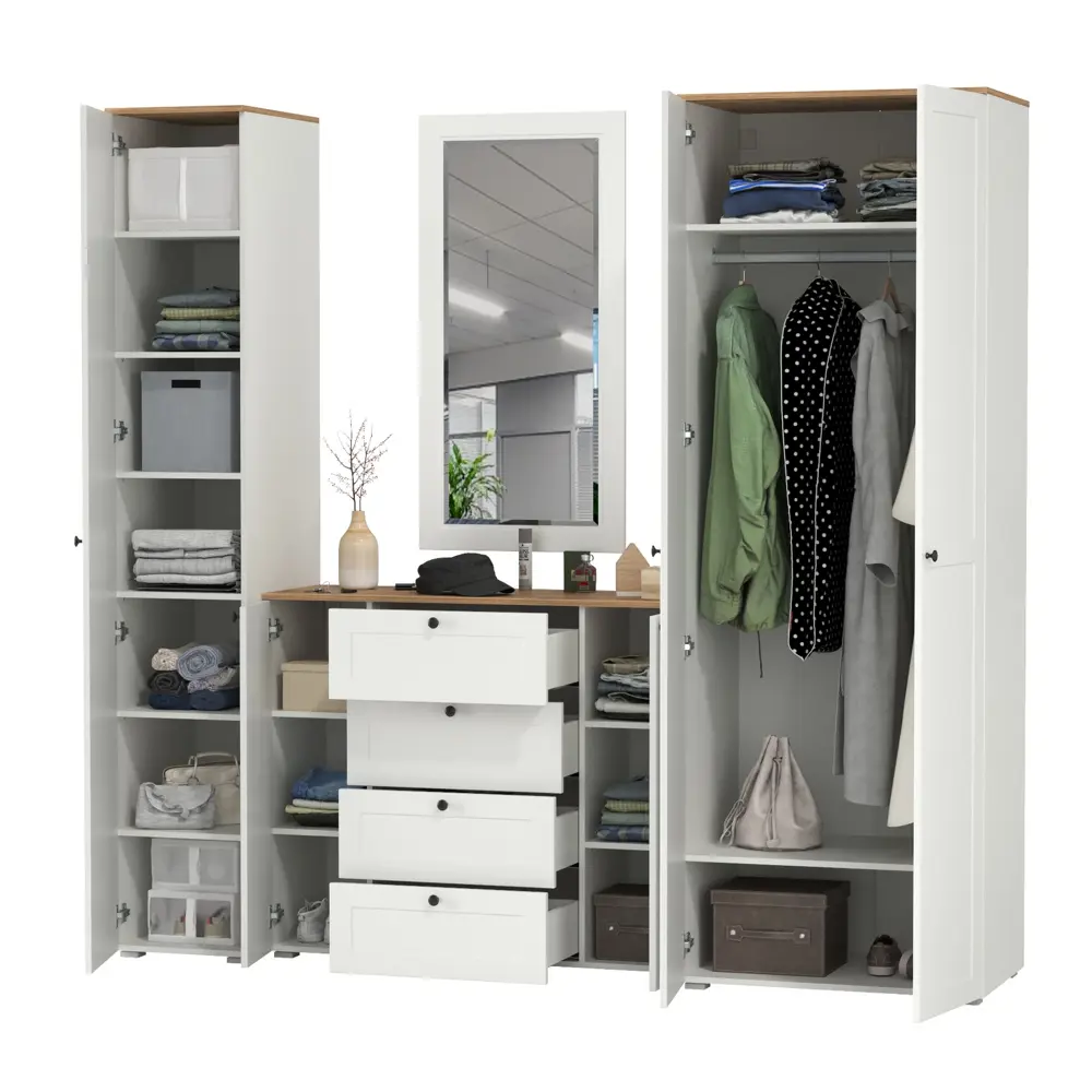 Фото 8 Комплект мебели для прихожей Mobi Остин пр-38-бз 240x230x54 см ЛДСП цвет белый шагрень/дуб крафт золотой