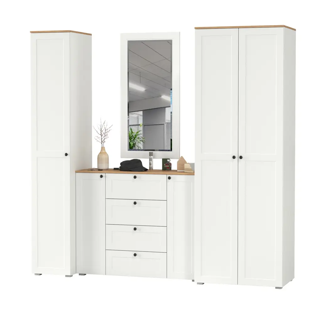 Фото 7 Комплект мебели для прихожей Mobi Остин пр-38-бз 240x230x54 см ЛДСП цвет белый шагрень/дуб крафт золотой