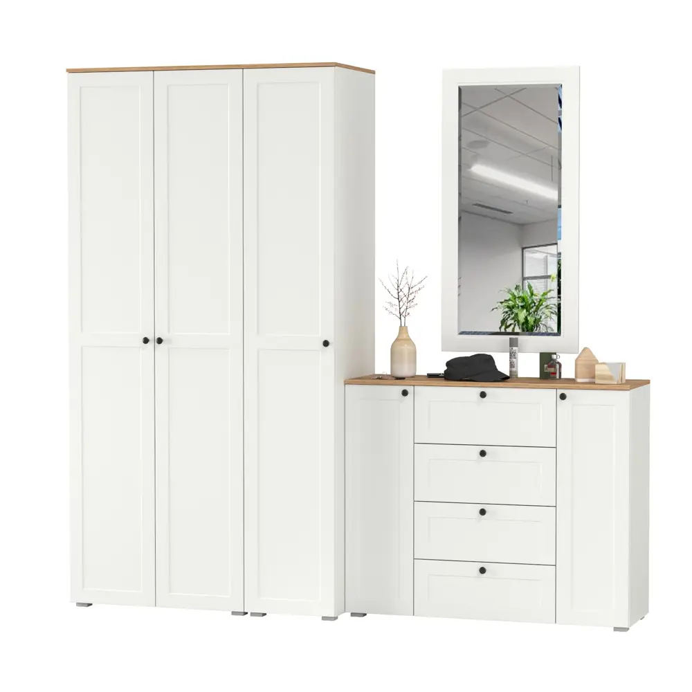 Фото Комплект мебели для прихожей Mobi Остин пр-38-бз 240x230x54 см ЛДСП цвет белый шагрень/дуб крафт золотой