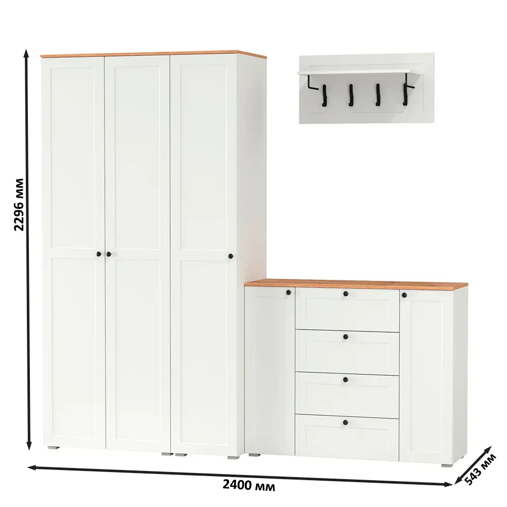 Фото 7 Комплект мебели для прихожей Mobi Остин пр-39-бз 240x230x54 см ЛДСП цвет белый шагрень/дуб крафт золотой