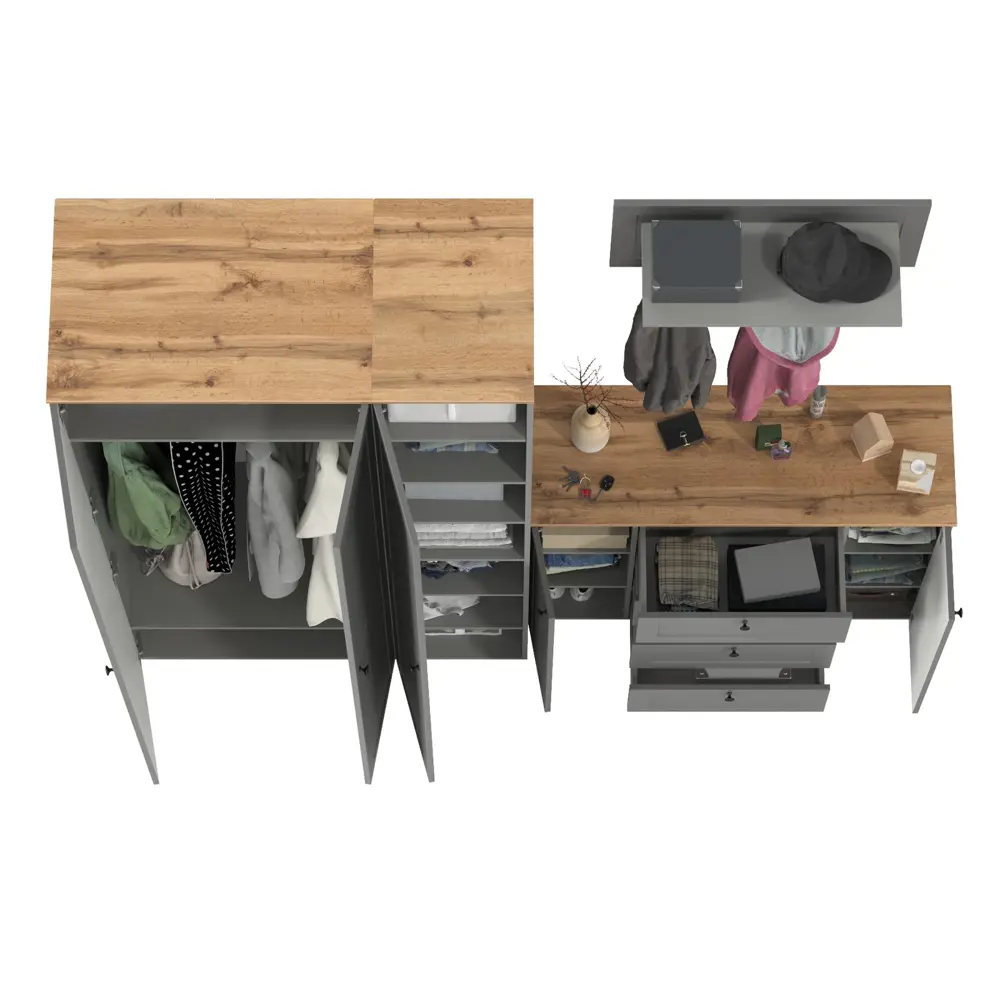 Фото 4 Комплект мебели для прихожей Mobi Остин пр-39-гз 240x230x54 см ЛДСП цвет серый графит/дуб крафт золотой