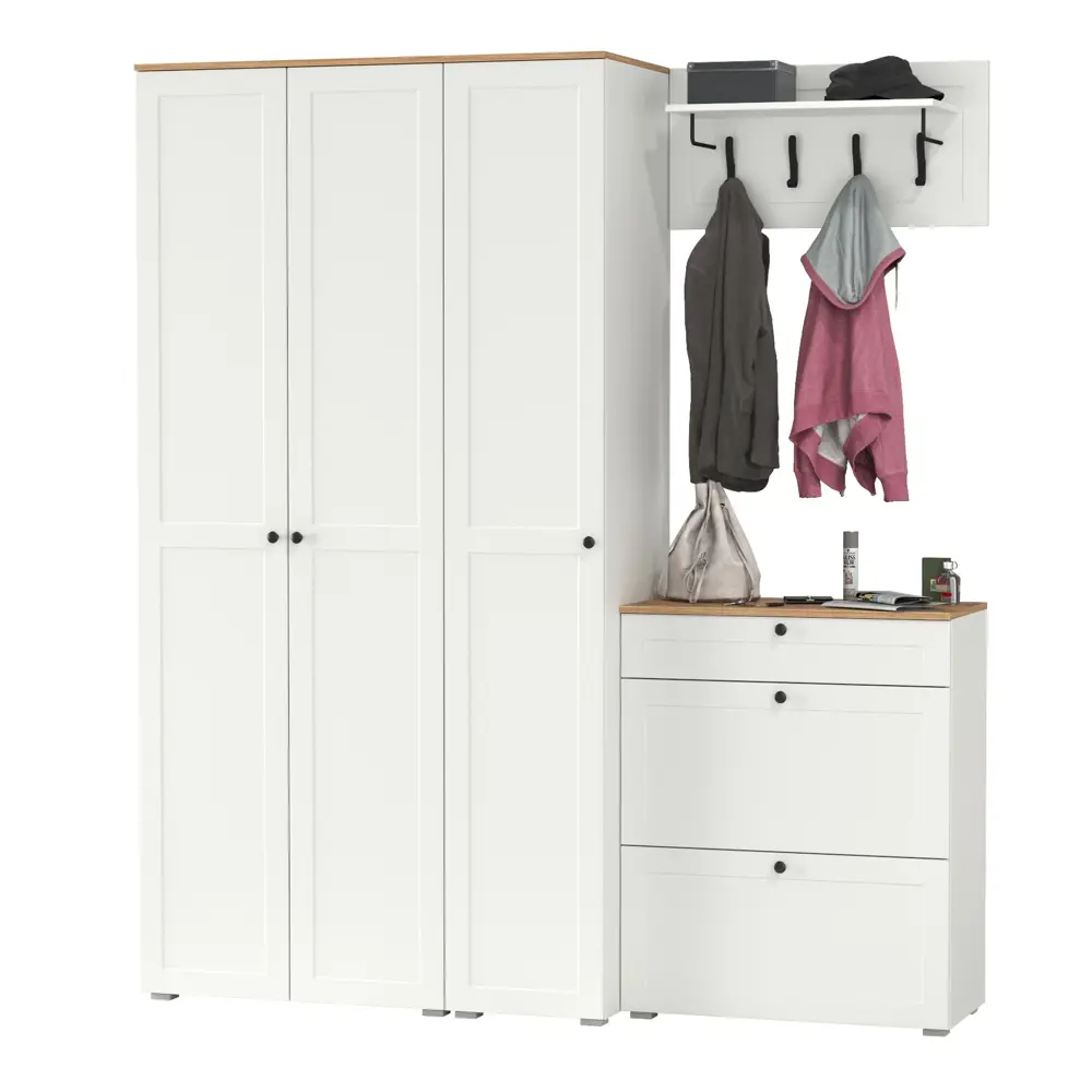 Фото Комплект мебели для прихожей Mobi Остин пр-41-бз 200x230x54 см ЛДСП цвет белый шагрень/дуб крафт золотой