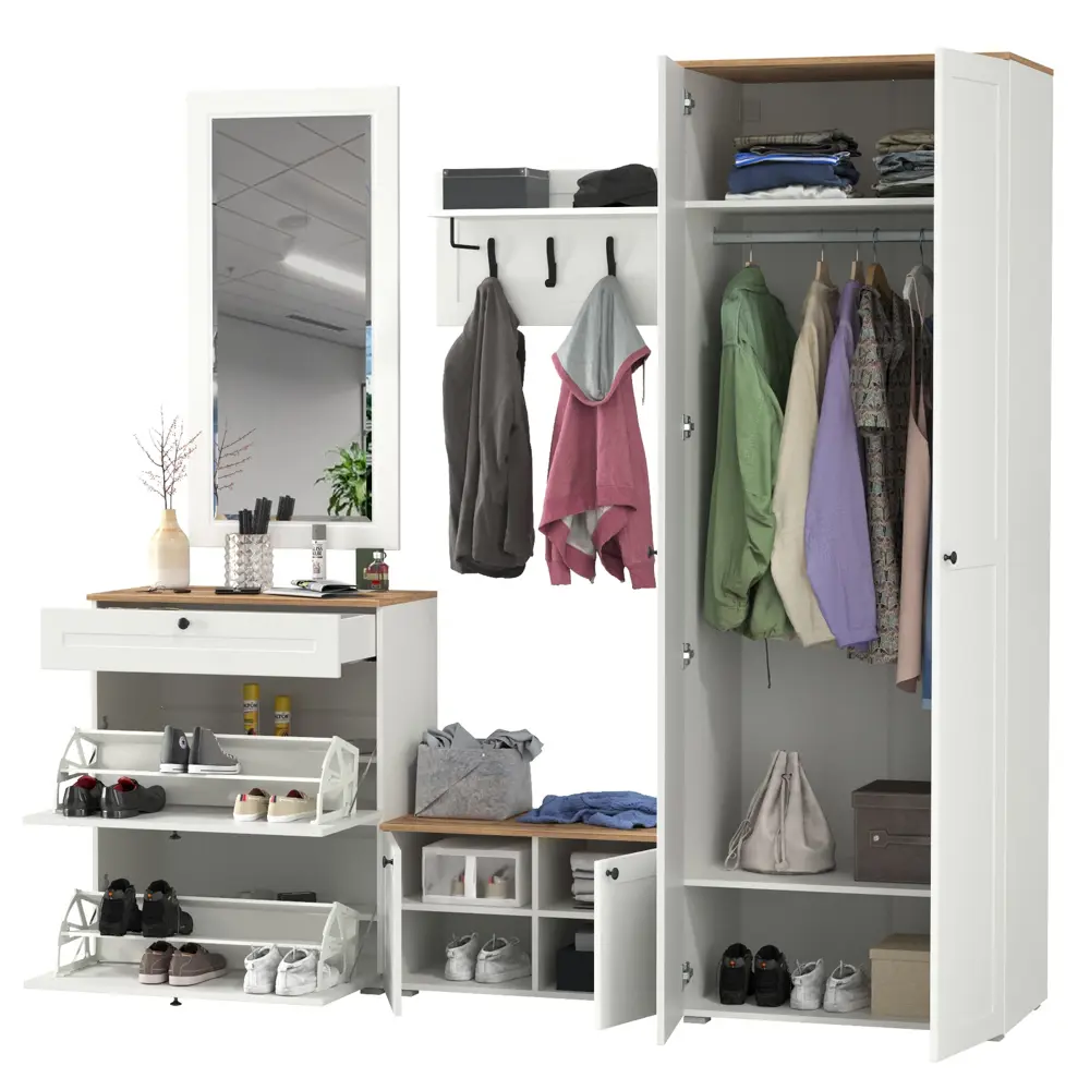 Фото 2 Комплект мебели для прихожей Mobi Остин пр-47-бз 320x230x54 см ЛДСП цвет белый шагрень/дуб крафт золотой