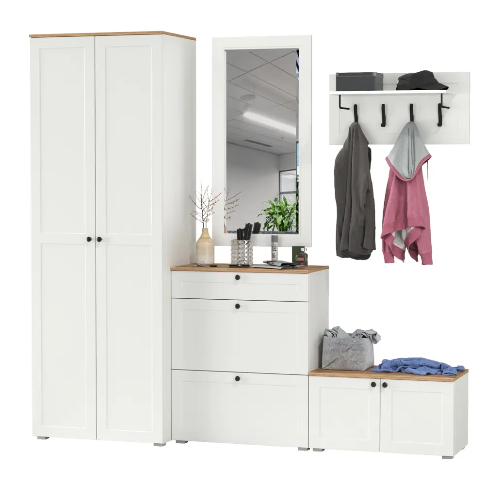 Фото 5 Комплект мебели для прихожей Mobi Остин пр-47-бз 320x230x54 см ЛДСП цвет белый шагрень/дуб крафт золотой