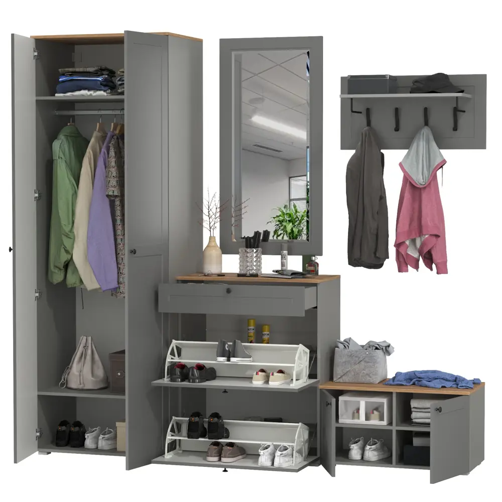 Фото 6 Комплект мебели для прихожей Mobi Остин пр-47-гз 320x230x54 см ЛДСП цвет серый графит/дуб крафт золотой