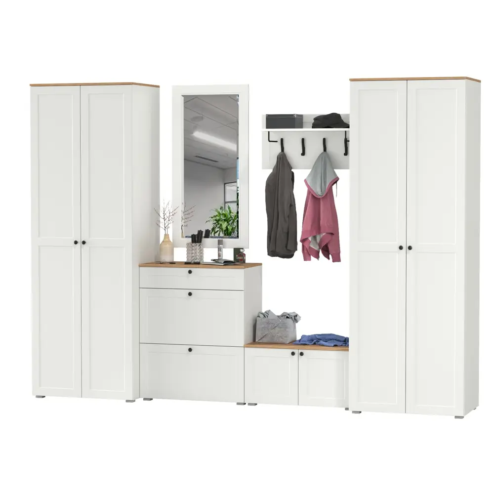 Фото 4 Комплект мебели для прихожей Mobi Остин пр-48-бз 280x230x54 см ЛДСП цвет белый шагрень/дуб крафт золотой