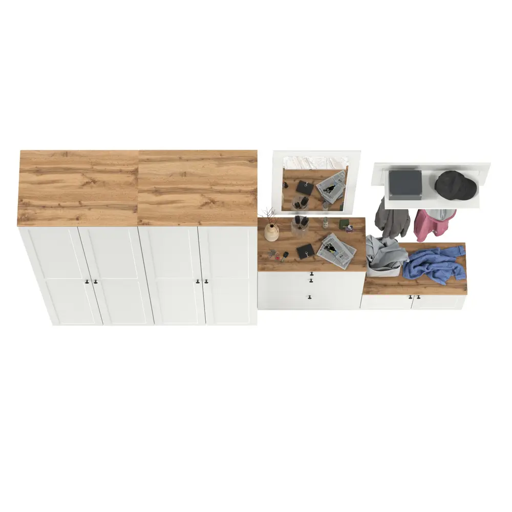 Фото 3 Комплект мебели для прихожей Mobi Остин пр-48-бз 280x230x54 см ЛДСП цвет белый шагрень/дуб крафт золотой