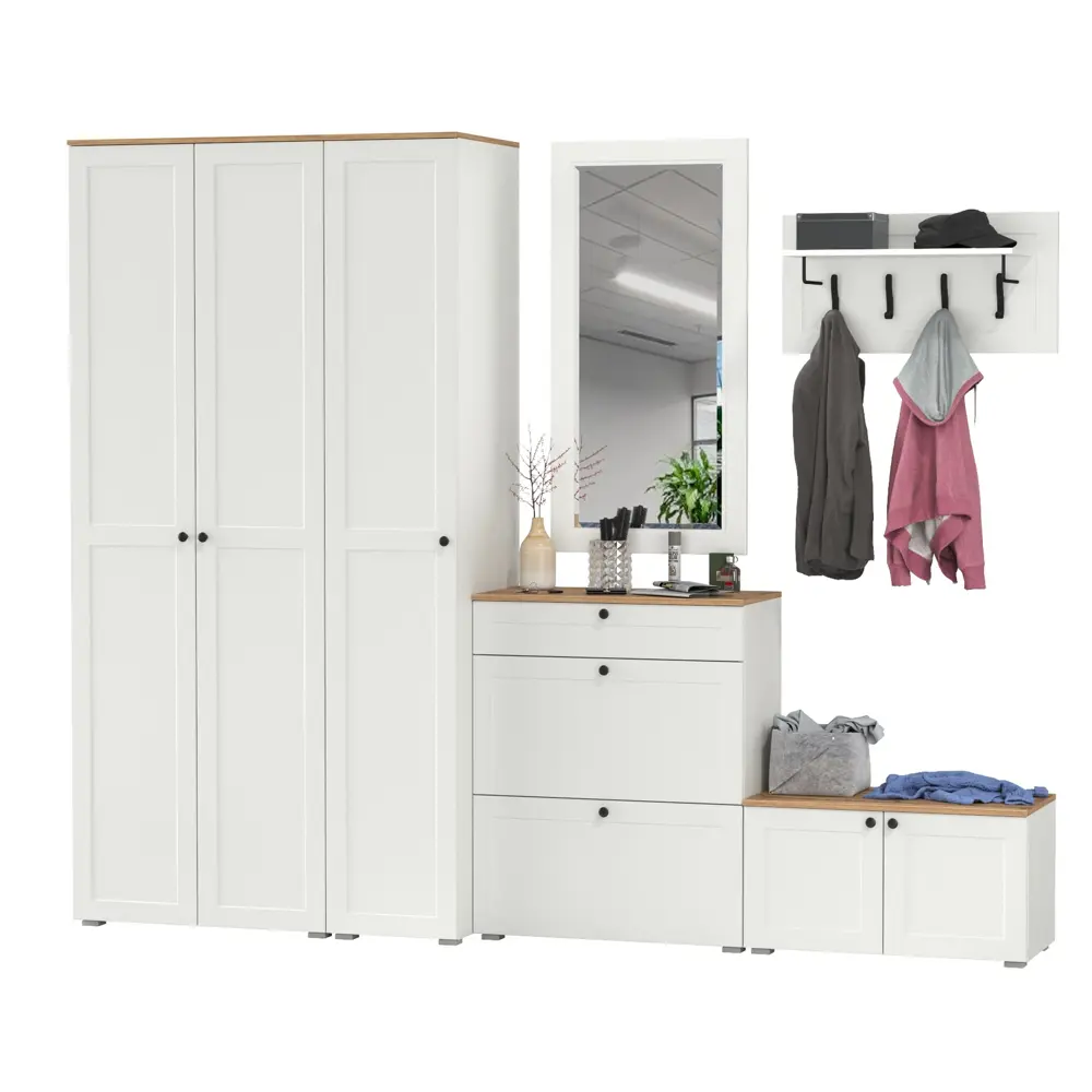 Фото Комплект мебели для прихожей Mobi Остин пр-49-бз 200x230x54 см ЛДСП цвет белый шагрень/дуб крафт золотой