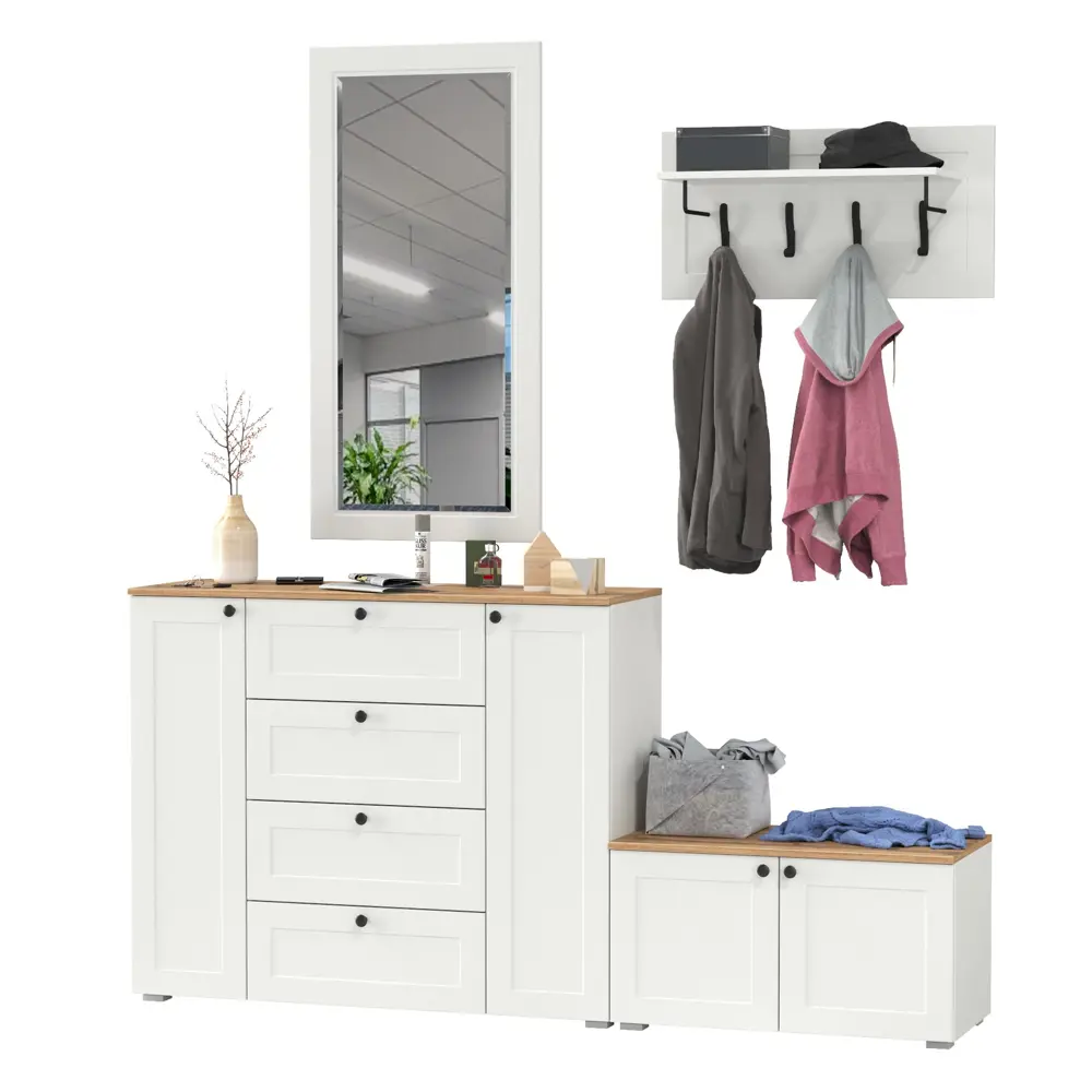 Фото Комплект мебели для прихожей Mobi Остин пр-50-бз 240x210x54 см ЛДСП цвет белый шагрень/дуб крафт золотой