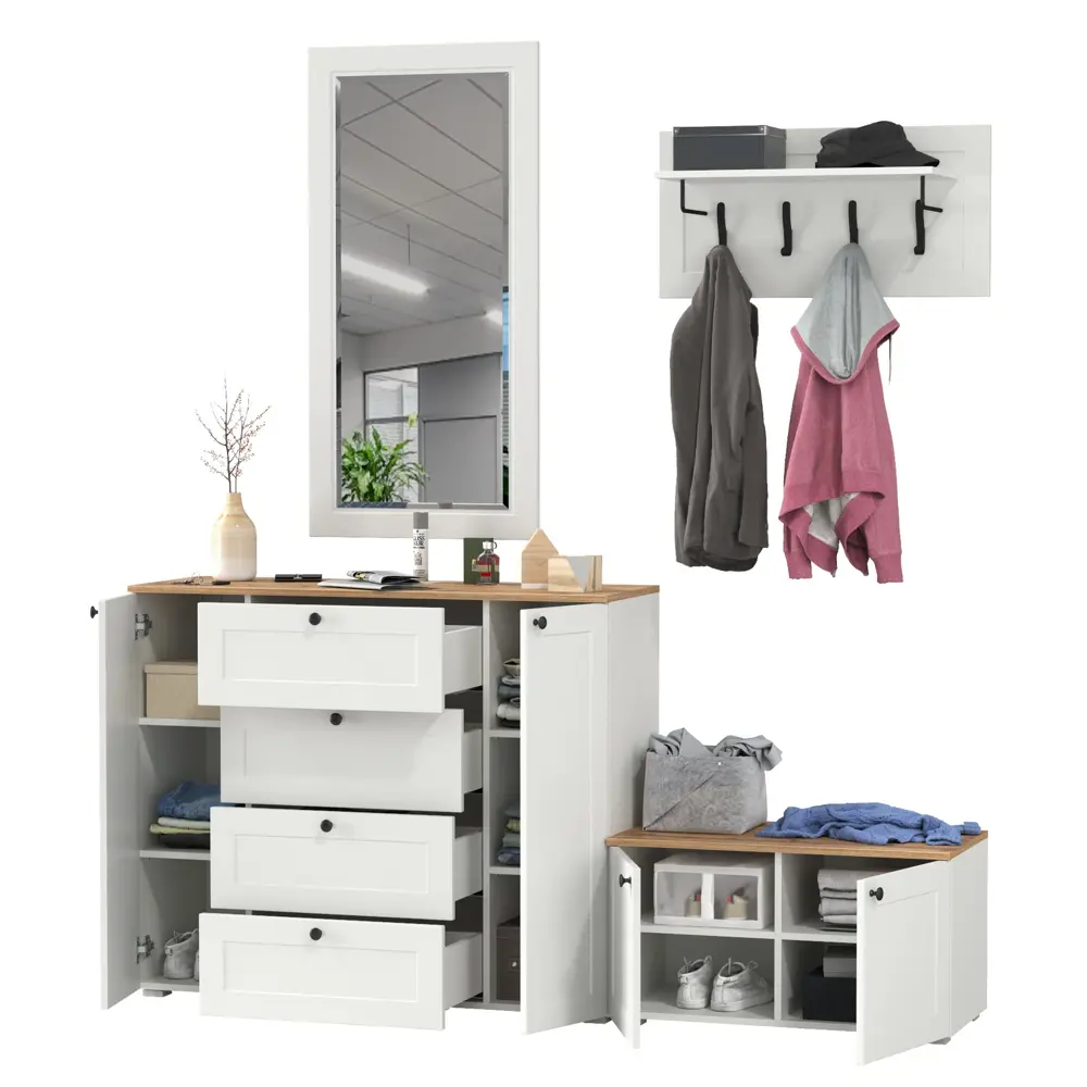 Фото 2 Комплект мебели для прихожей Mobi Остин пр-50-бз 240x210x54 см ЛДСП цвет белый шагрень/дуб крафт золотой