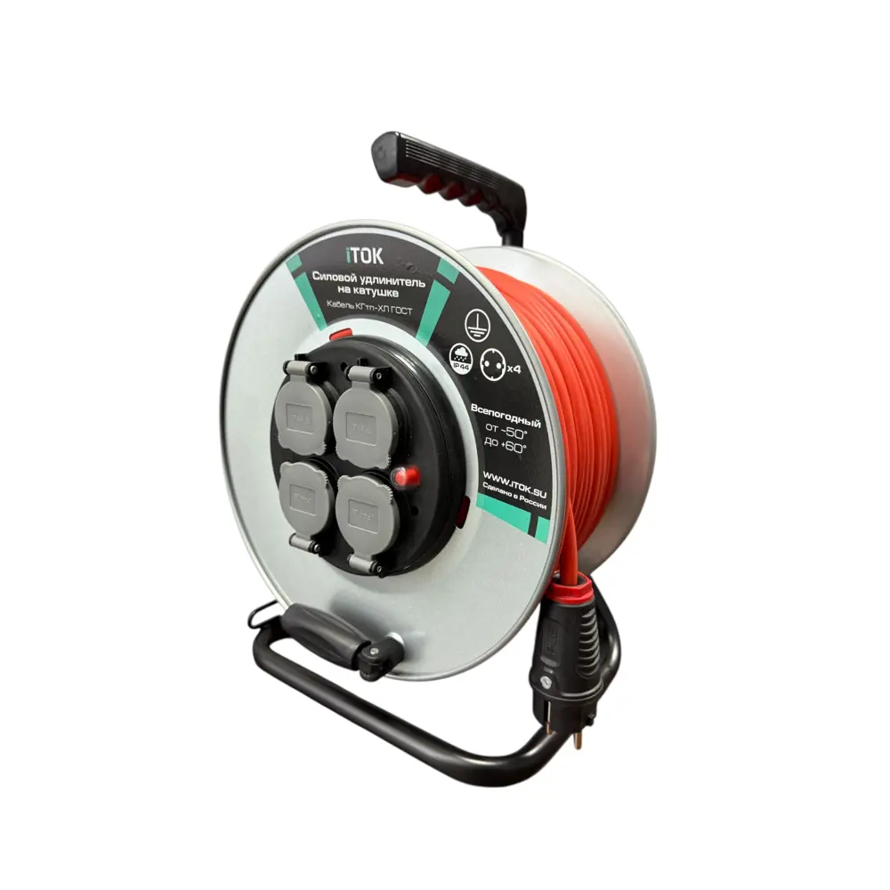 Фото 2 Удлинитель на катушке Itok i-CONNECT-PRO-SUK-M-T-KG-325-4-44-50-OR 3x2.5 50 м 4 розетки 3500 Вт с заземлением IP44 цвет черно-оранжевый