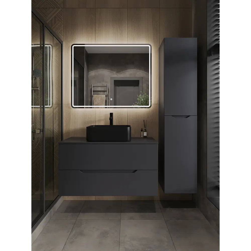 Фото 3 Тумба с раковиной подвесная Topline FLIPTUS100G-2460B 100 см цвет графит/черный