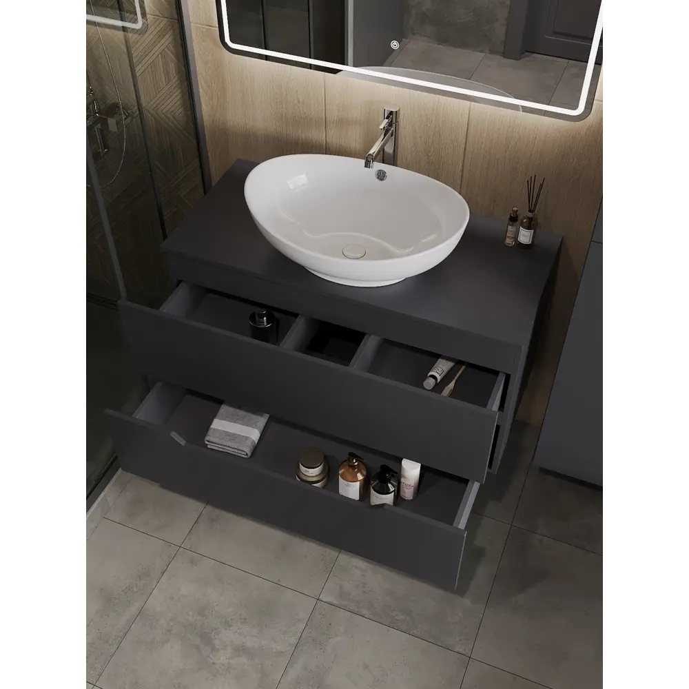 Фото 2 Тумба с раковиной подвесная Topline FLIPTUS100G-8585W 100 см цвет графит/белый